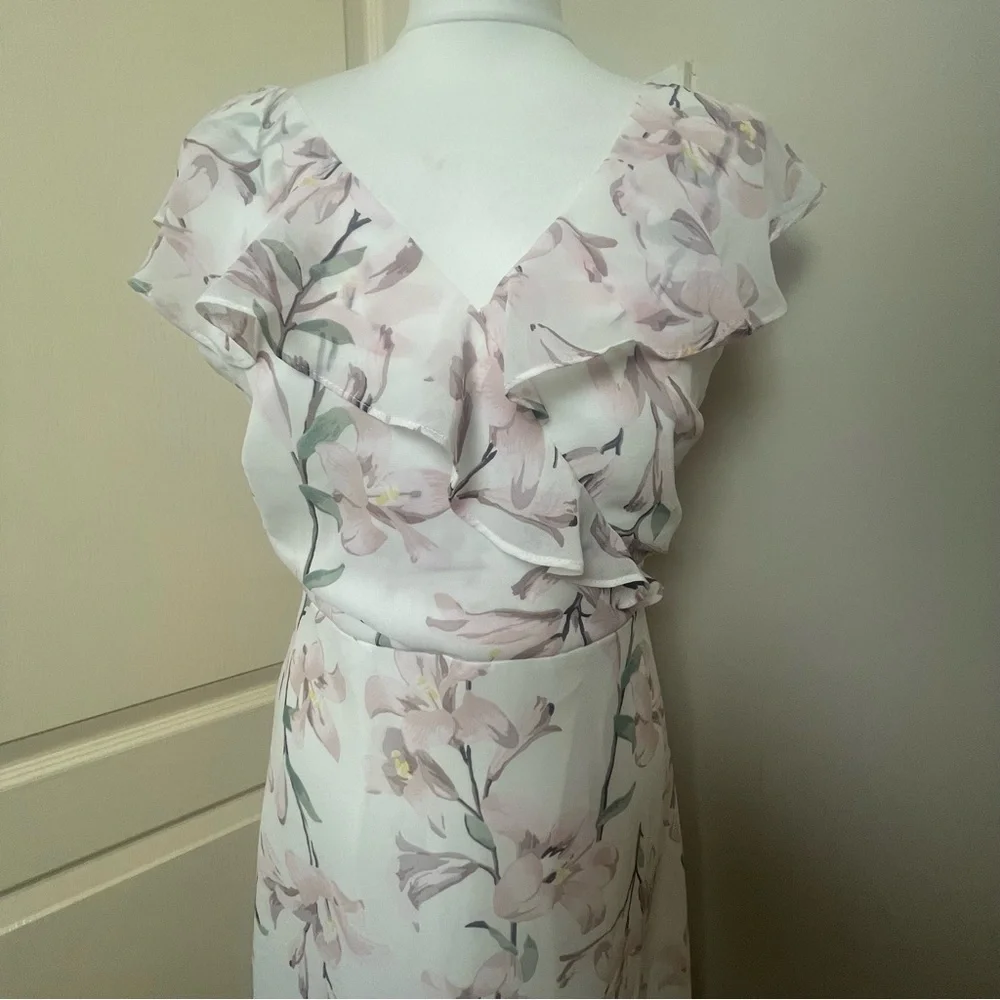 Warehouse Size 10 Frill Wrap Button Maxi Dress Floral Pink White Bridesmaid Chic - Picture 2 of 11